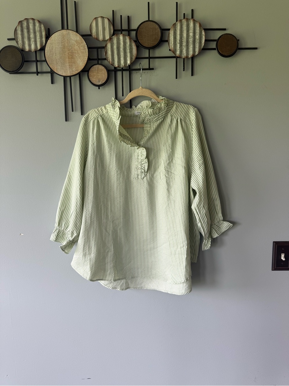 Chic Soul Pale Green Striped Ruffle-Neck Blouse